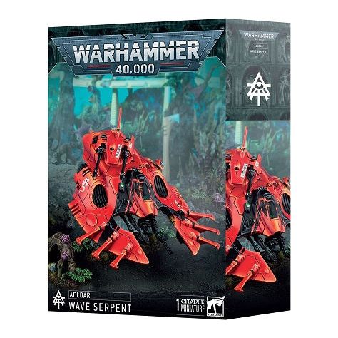 This boxed set contains 1 multi-part plastic Aeldari Wave Serpent. This kit comprises 57 plastic components, 2x clear plastic components, 1x 60mm Flying Base, and 2x flying stems. This set also includes 1x Aeldari Transfer Sheet containing 378 waterslide transfers to customise your models.

This miniature is supplied unassembled and unpainted – we recommend Citadel Plastic Glue and Citadel Colour paints.