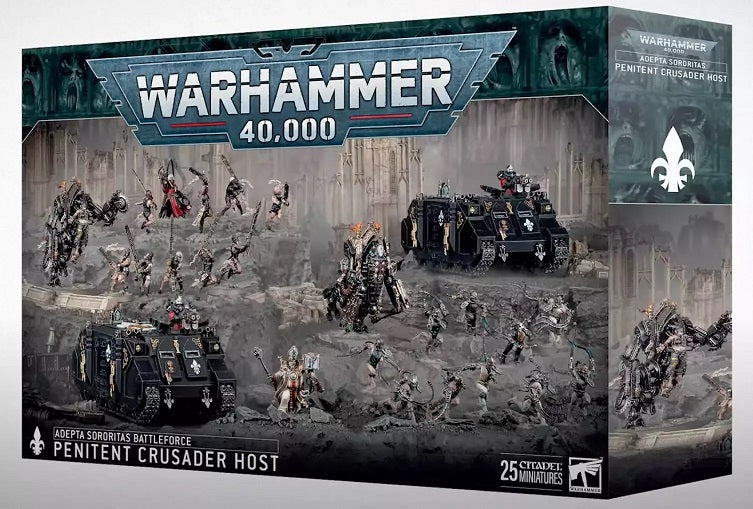 Releases November 29th 2024.
Warhammer 40k Holiday boxes are here! This box contains a Ministorum Priest who leads two Penitent Engines (which can be built as Mortifiers), nine Sisters Repentia and their Repentia Superior, and 10 Arco-Flagellants, along with two Adepeta Sororitas Rhinos which convey their contrite combatants into combat. The box also comes with an Adepta Sororitas Transfer sheet which comprises 290 decals.