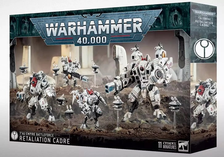 Estimated Release November 29th 2024.
Warhammer 40k Holiday boxes are here! This box contains a Commander and drone, a Riptide Battlesuit and two drones, a Ghostkeel Battlesuit and two drones, and a Broadside Battlesuit and two drones. The box also comes with a T’au Empire Transfer sheet which features 225 decals.