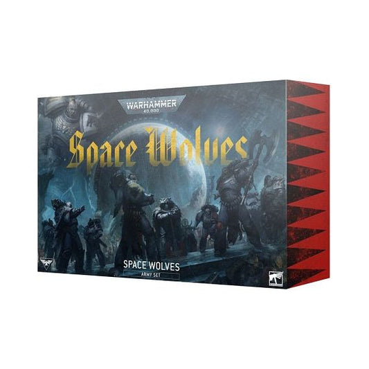 This product has a launch date of 6/7/2025.
This box builds the core of a new Space Wolf army, or an expansion for your existing collection. The set includes the following multipart plastic miniatures:
– 1x Wolf Guard Battle Leader
– 1x Wolf Priest
– 3x Wolf Guard Headtakers with 3x Hunting Wolves
– 10x Blood Claws
– 10x Grey Hunters

Also included:
– Codex Supplement: Space Wolves
– a 104-page hardback book with soft-touch lamination, cover artwork unique to this boxed set with gold foil blocking, and a bl