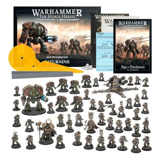 Release Date 7/26/2025
.This box contains 50 multipart plastic miniatures:
– 1x Saturnine Praetor
– 1x Centurion in MKII power armour
– 1x Saturnine Dreadnought
– 1x Araknae Quad Accelerator Platform
– 6x Saturnine Terminators
– 40x Legionaries in MKII power armour
– 36x Disintegrator weapons upgrades
The box also includes:
- The 352-page hardback Warhammer: The Horus Heresy – Age of Darkness Rulebook
– 1x 48-page Introductory Rules & Miniatures Construction Guide
– 2x 4-page Warhammer: The Horus Heresy Ref