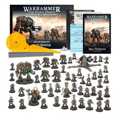 Release Date 7/26/2025
.This box contains 50 multipart plastic miniatures:
– 1x Saturnine Praetor
– 1x Centurion in MKII power armour
– 1x Saturnine Dreadnought
– 1x Araknae Quad Accelerator Platform
– 6x Saturnine Terminators
– 40x Legionaries in MKII power armour
– 36x Disintegrator weapons upgrades
The box also includes:
- The 352-page hardback Warhammer: The Horus Heresy – Age of Darkness Rulebook
– 1x 48-page Introductory Rules & Miniatures Construction Guide
– 2x 4-page Warhammer: The Horus Heresy Ref