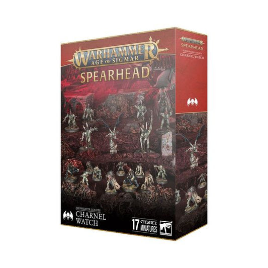 This boxed set builds 17 multipart plastic Flesh-eater Courts miniatures:
– 1x Abhorrant Gorewarden
– 3x Crypt Flayers (which can alternatively be built as Crypt Horrors)
– 3x Crypt Horrors (which can alternatively be built as Crypt Flayers)
– 10x Royal Beastflayers
The kit comprises 210 plastic components, 3x Citadel 25mm Round Bases, 3x Citadel 28.5mm Round Bases, 2x Citadel 32mm Round Bases, 3x Citadel 40mm Round Bases, and 6x Citadel 50mm Round Bases.