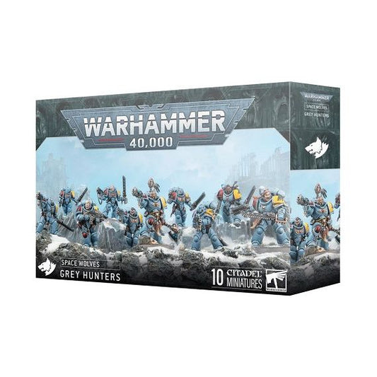 Release Date 7/12
This multipart plastic kit builds 10 Grey Hunters. This kit comprises 218 plastic components, 10x Citadel 32mm Round Bases, and 1x Space Wolves Army Set Transfer Sheet containing 419 high-quality waterslide transfers to decorate your miniatures.

These miniatures require assembly and are supplied unpainted – we recommend using Citadel Plastic Glue and Citadel Colour paints.