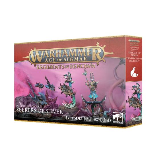 Release date 2/21
This multipart plastic kit builds the Seekers of Silver. This boxed set builds 5 multipart plastic Disciples of Tzeentch miniatures:
– 1x Gaunt Summoner on Disc of Tzeentch
– 1x Magister on Disc of Tzeentch
– 3x Screamers of Tzeentch
This kit comprises 58 plastic components, 1x Citadel 50mm Round Base, 1x Citadel 40mm Round Base, 3x Small Flying Bases, and 4x Ball Socket Stems. These miniatures require assembly and are supplied unpainted – we recommend using Citadel Plastic Glue and Citade