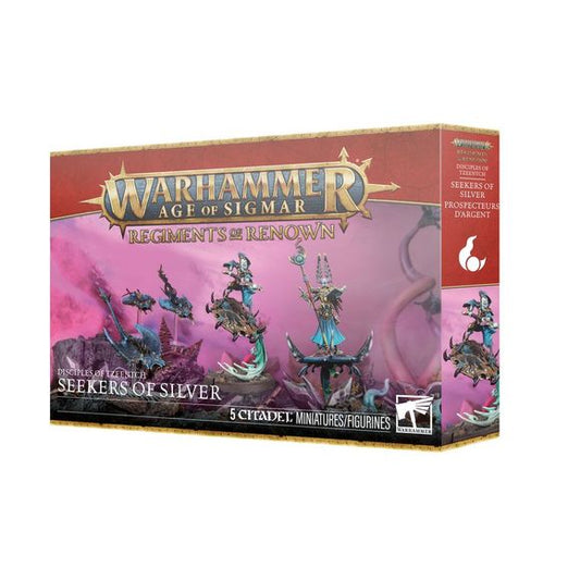 Release date 2/21
This multipart plastic kit builds the Seekers of Silver. This boxed set builds 5 multipart plastic Disciples of Tzeentch miniatures:
– 1x Gaunt Summoner on Disc of Tzeentch
– 1x Magister on Disc of Tzeentch
– 3x Screamers of Tzeentch
This kit comprises 58 plastic components, 1x Citadel 50mm Round Base, 1x Citadel 40mm Round Base, 3x Small Flying Bases, and 4x Ball Socket Stems. These miniatures require assembly and are supplied unpainted – we recommend using Citadel Plastic Glue and Citade