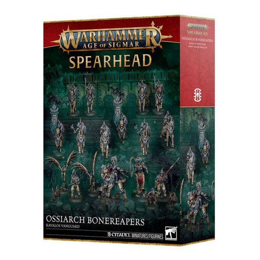 Release Date 3/7
This boxed set builds 19 multipart plastic Ossiarch Bonereapers miniatures:
– 1x Liege-Kavalos (which can alternatively be built as Arch-Kavalos Zandtos)
– 8x Teratic Cohort miniatures
– 10x Kavalos Deathriders
This kit comprises 299 plastic components, 1x Citadel 80mm Round Base, 2x Citadel 32mm Round Bases, 5x Citadel 28.5mm Round Bases, and 11x Citadel 60mm by 35mm Oval Bases. These miniatures require assembly and are supplied unpainted – we recommend using Citadel Plastic Glue and Citad