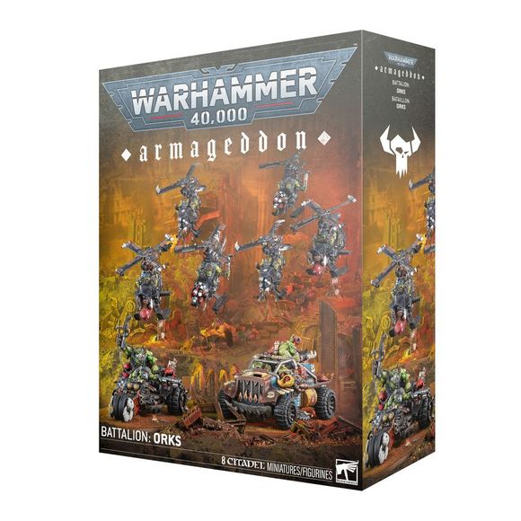 Release Date 5/9/2026
This boxed set builds 8 multipart plastic Ork miniatures:
– 1 Deffkilla Wartrike
– 1 Rukkatrukk Squigbuggy
– 6 Deffkoptas
Contents:
– 213 plastic components
– 2 Citadel 150mm by 95mm Oval Bases
– 6 Citadel 75mm Oval Slotta Bases
– 3 construction guides

These miniatures require assembly and are supplied unpainted. We recommend:
– Citadel Tools: Super Fine Detail Cutters
– Warhammer Colour Plastic Glue
– Citadel Colour paints
