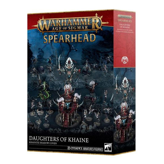 This boxed set builds 22 multipart plastic Daughters of Khaine miniatures:
– 1 Slaughter Queen on Cauldron of Blood, 1 Hag Queen, and 1 Bloodwrack Medusa (which can alternatively be built as 1 Hag Queen on Cauldron of Blood, 1 Slaughter Queen, and 1 Bloodwrack Medusa, or as 1 Bloodwrack Shrine, 1 Hag Queen, 1 Slaughter Queen, and 1 Avatar of Khaine)
– 9 Khainite Shadowstalkers
– 10 Sisters of Slaughter (which can alternatively be built as Witch Aelves)
This kit comprises 253 plastic components, 1 Citadel 12