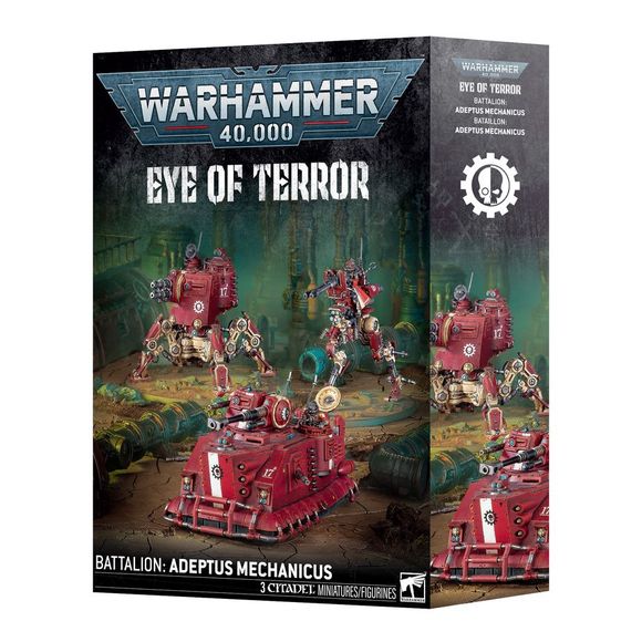 Release Date 4/18/2026
This boxed set builds 3 multipart plastic Adeptus Mechanicus miniatures:
– 1 Onager Dunecrawler
– 1 Skorpius Disintegrator (which can alternatively be built as a Skorpius Dunerider)
– 1 Ironstrider Ballistarius (which can alternatively be built as a Sydonian Dragoon)
Contents:
– 303 plastic components
– 1 Citadel 105mm by 70mm Oval Base
– 1 Citadel 130mm Round Base
– 3 Adeptus Mechanicus Transfer Sheets
– 3 construction guides

Each Adeptus Mechanicus Transfer Sheet features 320 high-