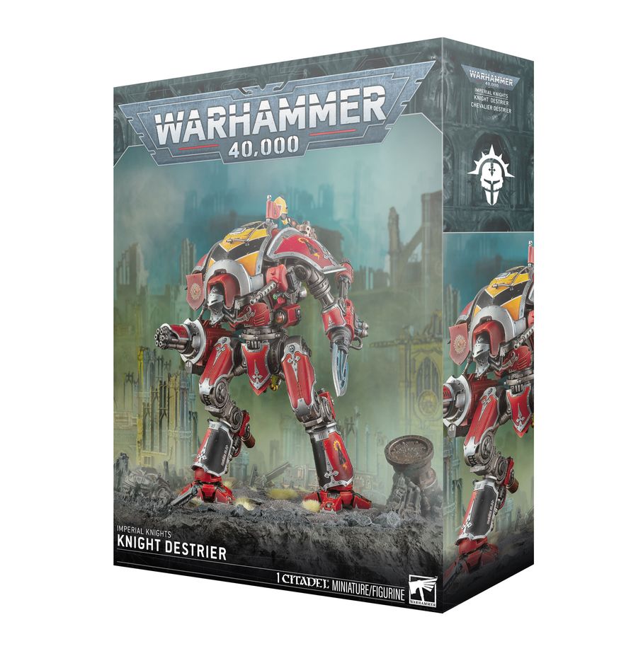 Release Date 4/18/2026
This multipart plastic kit builds one Knight Destrier. Contents:
– 189 plastic components
– 1 Citadel 150mm by 95mm Oval Base
– 1 Imperial Knights Bellatus Transfer Sheet
– 1 construction guide

The Imperial Knights Bellatus Transfer Sheet features 351 high-quality waterslide transfers. These include House Terryn, House Hawkshroud, House Cadmus, House Taranis, and House Raven symbols, along with skulls, numerals, and more to decorate your miniature.

This miniature requires assembly a