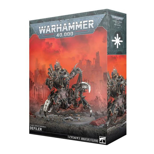 Release Date 4/18/26
This multipart plastic kit builds a Defiler. Contents:
– 168 plastic components
– 1 Citadel 160mm Round Base
– 1 Chaos Space Marines Vehicle Transfer Sheet
– 1 construction guide

The Chaos Space Marines Vehicle Transfer Sheet features 282 high-quality waterslide transfers. These include Black Legion, Word Bearers, Alpha Legion, Night Lords, and Iron Warriors symbols, along with other Chaos markings to decorate your miniature.

This miniature requires assembly and is supplied unpainted.
