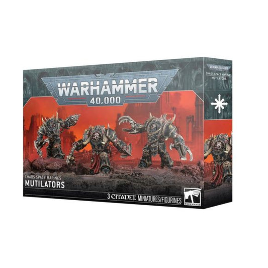 Release Date 4/18/2026
This multipart plastic kit builds 3 Mutilators. Contents:
– 47 plastic components
– 3 Citadel 50mm Round Bases
– 1 Chaos Space Marines Infantry Transfer Sheet
– 1 construction guide

The Chaos Space Marines Infantry Transfer Sheet features 569 high-quality waterslide transfers. These include Black Legion, Word Bearers, Alpha Legion, Night Lords, and Iron Warriors symbols, along with other Chaos markings to decorate your miniatures.

These miniatures require assembly and are supplied u
