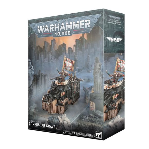Release Date 5/9/2026
This multipart plastic kit builds Commissar Graves and her custom Centaur RSV. Contents:
– 76 plastic components
– 1 Citadel 32mm Round Base
– 1 Astra Militarum Vehicle Transfer Sheet
– 1 construction guide

The Astra Militarum Vehicle Transfer Sheet features 475 high-quality waterslide transfers. These include Cadian symbols, along with numerals and other markings to decorate your miniatures.

These miniatures require assembly and are supplied unpainted. We recommend:
– Citadel Tools: