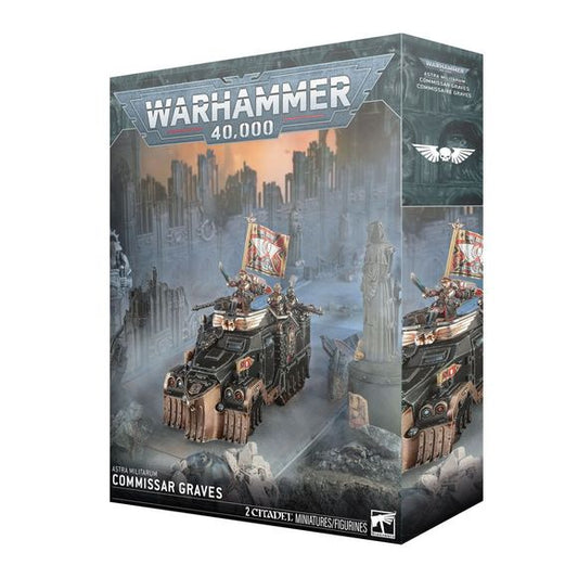 Release Date 5/9/2026
This multipart plastic kit builds Commissar Graves and her custom Centaur RSV. Contents:
– 76 plastic components
– 1 Citadel 32mm Round Base
– 1 Astra Militarum Vehicle Transfer Sheet
– 1 construction guide

The Astra Militarum Vehicle Transfer Sheet features 475 high-quality waterslide transfers. These include Cadian symbols, along with numerals and other markings to decorate your miniatures.

These miniatures require assembly and are supplied unpainted. We recommend:
– Citadel Tools: