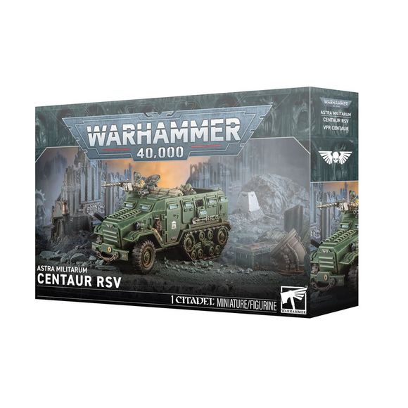 Release Date 7/11/2026
This multipart plastic kit builds 1 Centaur RSV. Contents:
– 102 plastic components
– 1 Astra Militarum Vehicle Transfer Sheet
– 1 construction guide

The Astra Militarum Vehicle Transfer Sheet features 475 high-quality waterslide transfers. These include symbols for regiments from Cadia, Catachan, Valhalla, Armageddon, Vostroya, Mordian, Krieg, and Tallarn. There are also other logos, numerals, and markings to decorate your miniatures.

This miniature requires assembly and is supplie