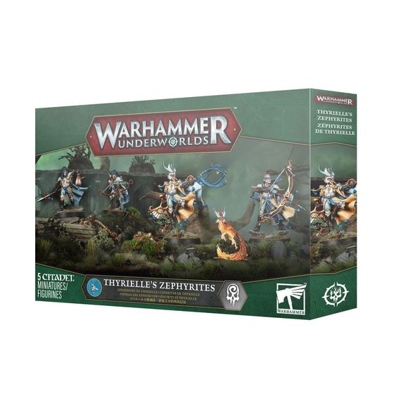 Release Date 5/30
This multipart plastic kit builds Thyrielle's Zephyrites – a complete warband for use in games of Warhammer Underworlds. It comes with fighter cards and warscroll cards for the warband.
This set contains 5 plastic miniatures:
– 1 Sirikith
– 1 Orieth
– 1 Anara
– 1 Thyrielle
– 1 Tzul

This set also includes:
– 4 double-sided fighter cards
– 7 warscroll cards (in English, French, German, Spanish, Italian, Chinese, and Japanese)

The fighter cards measure 63mm by 88mm, and the warscroll cards