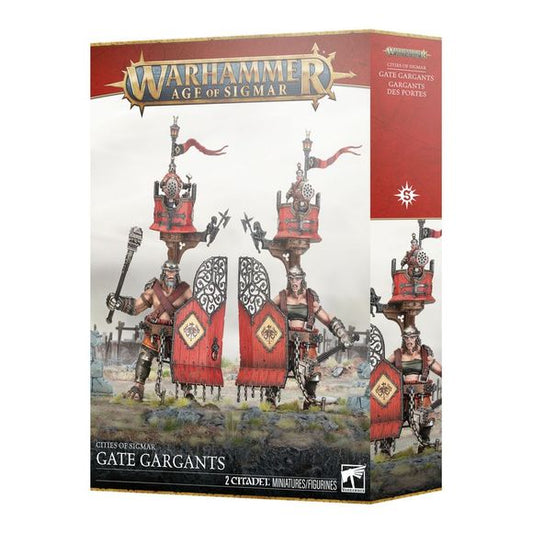 Release Date 5/30
This multipart plastic kit builds 2 Gate Gargants. Contents:
– 71 plastic components
– 2 Citadel 80mm Round Bases
– 1 Cities of Sigmar Transfer Sheet
– 1 construction guide

The Cities of Sigmar Transfer Sheet features 410 high-quality waterslide transfers. These include Hammerhal Aqsha, Hammerhal Ghyra, Tempest’s Eye, Vindicarum, The Living City, Misthåvn, Lethis, Excelsis, Hallowheart, Settler’s Gain, and Greywater Fastness symbols. There is also Cavalier heraldry, Sigmarite Cult marking