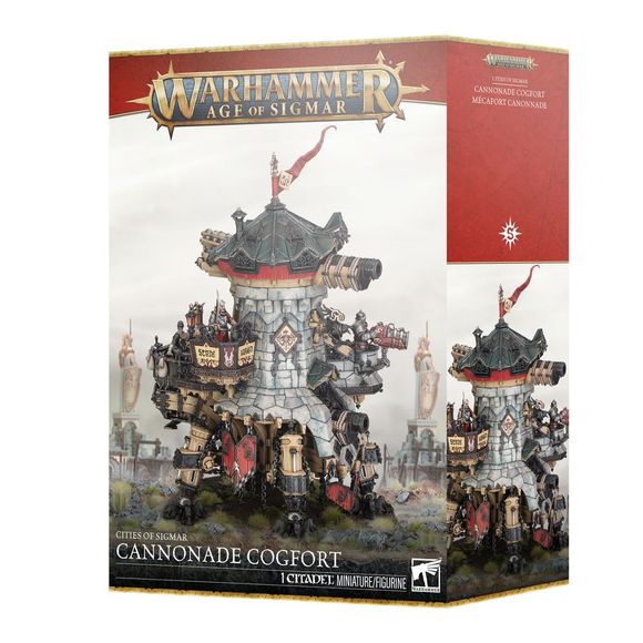 Release Date 5/30
This multipart plastic kit builds a Cannonade Cogfort. This unit can be fielded by any faction in games of Age of Sigmar. Contents:
– 244 plastic components
– 1 Citadel 160mm Round Base
– 1 Cities of Sigmar Cogfort Transfer Sheet
– 1 construction guide

The Cities of Sigmar Cogfort Transfer Sheet features 253 high-quality waterslide transfers. These include Hammerhal Aqsha, Hammerhal Ghyra, Tempest’s Eye, Vindicarum, The Living City, Misthåvn, Lethis, Excelsis, Hallowheart, Settler’s Gain,
