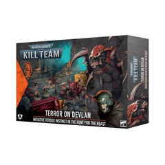 Release Date 5/23/2026
This expansion for Kill Team contains the Spectre Squad kill team, the Red Terror non-player operative, a squad of Tyranid non-player operatives, and all the rules you'll need to use them in your games. Designed to be played either cooperatively or solo.
Inside this box, you will find:
– 10 Spectre Squad Kill Team operatives, plus 1 Vox-Relay Beacon
– 1 The Red Terror Nemesis Operative
– 10 Termagants and 1 Ripper Swarm non-player operatives
– 1 72-page Terror on Devlan Dossier
– 1 co