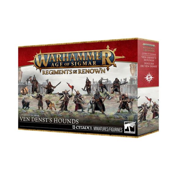 Release date 5/30
This multipart plastic kit builds Ven Denst's Hounds. This boxed set builds 13 multipart plastic Cities of Sigmar miniatures:
– 1 Galen ven Denst
– 1 Doralia ven Denst
– 11 Wildercorp Hunters
Contents:
– 109 plastic components
– 8 Citadel 28.5mm Round Bases
– 3 Citadel 32mm Round Bases
– 2 Citadel 40mm Round Bases
– 1 construction guide

These miniatures require assembly and are supplied unpainted.