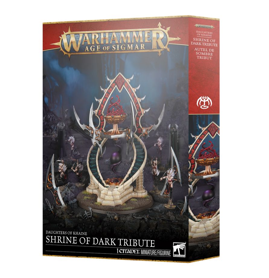 Release Date 4/11
This multipart plastic kit builds a Shrine of Dark Tribute. This kit comprises 30 plastic components and 1 Citadel 130mm Round Base. This miniature requires assembly and is supplied unpainted – we recommend using Citadel plastic glue and Citadel Colour paints.