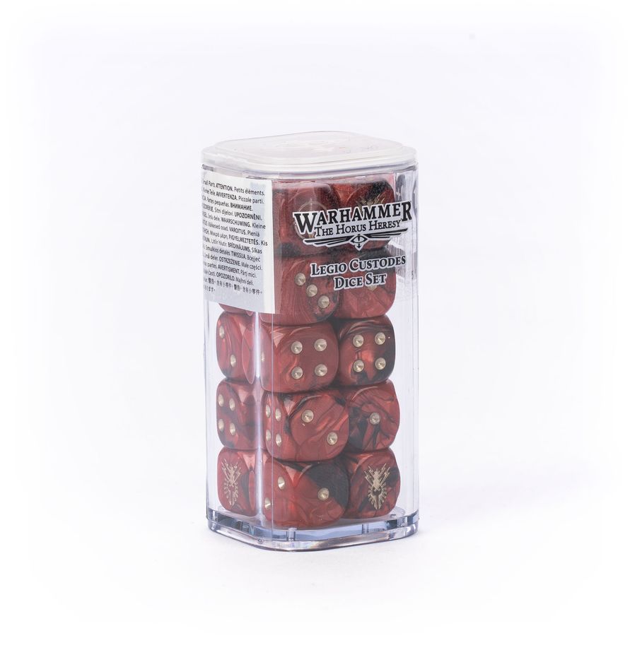 Release Date 9/12/2026
This is a set of 20 six-sided dice with rounded edges for use in games of Warhammer: The Horus Heresy, themed around the Legio Custodes. They are cast in pearlised red acrylic plastic with gold ink markings and measure 16mm along each edge. The 1-5 facings are traditionally pipped, and each '6' face is decorated with the aquila icon of the Talons of the Emperor.