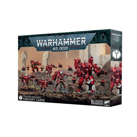 Release Date 11/28
This boxed set builds 16 multipart plastic T'au Empire miniatures:
– 1x Commander Farsight
– 1x Riptide Battlesuit with 2x drones
– 1x Broadside Battlesuit with 2x drones
– 3x Crisis Battlesuits with 6x drones
This kit comprises 474 plastic components, 1x Citadel 120mm Oval Base, 2x Citadel 60mm Round Bases, 3x Citadel 50mm Round Bases, 10x Citadel Small Flying Bases, 1x Citadel Nazgul Flying Stem, and 16x Citadel Large Flying Stems. These miniatures require assembly and are supplied unpa