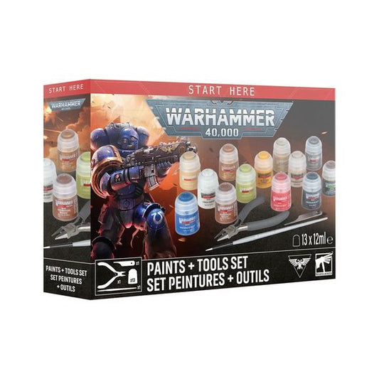 Release date: 7/25/2026
– 1 Abaddon Black (Base)
– 1 Orruk Flesh (Base)
– 1 Averland Sunset (Base)
– 1 Macragge Blue (Base)
– 1 Mournfang Brown (Base)
– 1 Leadbelcher (Base)
– 1 Retributor Armour (Base)
– 1 Corax White (Base)
– 1 Mephiston Red (Base)
– 1 Rakarth Flesh (Base)
– 1 Zandri Dust (Base)
– 1 Agrax Earthshade (Shade)
– 1 Armageddon Dust (Texture)

Contents:
– 13 Warhammer Colour paints
– 1 Warhammer Colour Starter Brush
– 1 Warhammer Colour Starter Set Clippers
– 1 mouldline scraper