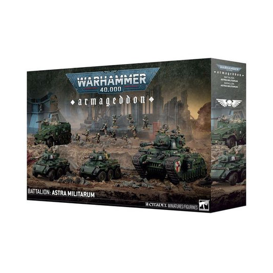 Release Date  5/9/2026
This boxed set builds 14 multipart plastic Astra Militarum miniatures:
– 2 Hippogriff AFVs
– 1 Centaur RSV
– 1 Rogal Dorn Battle Tank
– 10 Cadian Shock Troops
Contents:
– 574 plastic components
– 10 Citadel 25mm Round Bases
– 1 Cadian Transfer Sheet
– 1 Astra Militarum Vehicle Transfer Sheet
– 1 construction guide

The Cadian Transfer Sheet features 597 high-quality waterslide transfers, and the Astra Militarum Vehicle Transfer Sheet features 475 high-quality waterslide transfers. The