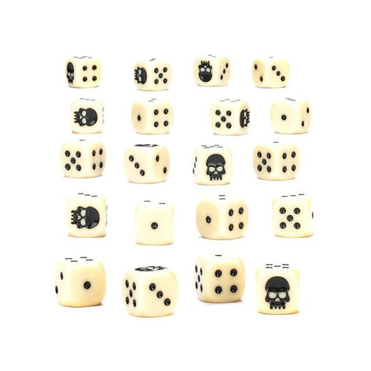 Release date 4/4/2026
This is a set of 20 six-sided dice with rounded edges for use in games of Warhammer 40,000, Warhammer Age of Sigmar, Warhammer: The Horus Heresy, Warhammer: The Old World, and other systems. They are cast in ivory-coloured acrylic plastic with black ink markings, and measure 12mm along each edge. The 1-5 facings are traditionally pipped, and each '6' face is decorated with a grim skull icon.