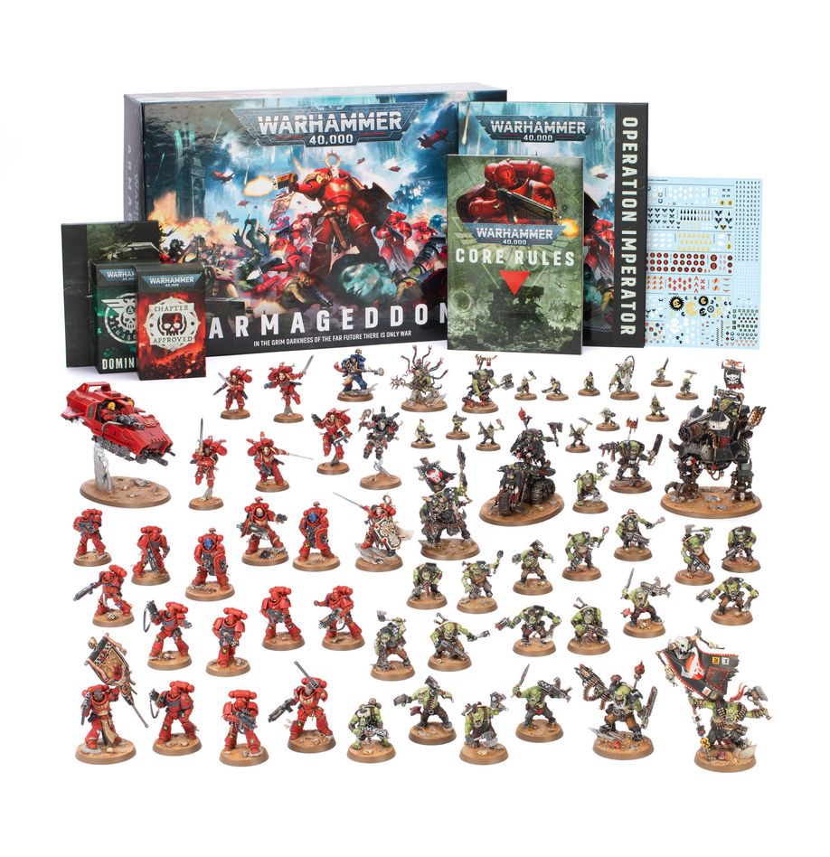 Release Date 6/20/2026
The Warhammer 40,000: Armageddon box includes:
– 61 multipart plastic push-fit miniatures
– 23 Space Marines
– 1 Captain with Relic Shield
– 1 Librarian
– 1 Chaplain with Jump Pack
– 1 Ancient
– 10 Intercessors
– 5 Vanguard Veterans with Jump Packs
– 3 Eradicators with Heavy Bolters
– 1 Land Speeder
– 38 Orks
– 1 Warboss
– 1 Bannernob
– 1 Bigboss
– 1 Painboy with 1 Grot Orderly
– 1 Weirdboy
– 20 Ork Boyz
– 10 Gretchin
– 1 Wartrakk
– 1 Big Mek Dakkarig
– 1 hardcover Armageddon
– 1 soft