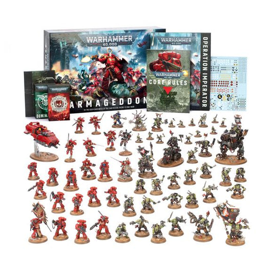 Release Date 6/20/2026
The Warhammer 40,000: Armageddon box includes:
– 61 multipart plastic push-fit miniatures
– 23 Space Marines
– 1 Captain with Relic Shield
– 1 Librarian
– 1 Chaplain with Jump Pack
– 1 Ancient
– 10 Intercessors
– 5 Vanguard Veterans with Jump Packs
– 3 Eradicators with Heavy Bolters
– 1 Land Speeder
– 38 Orks
– 1 Warboss
– 1 Bannernob
– 1 Bigboss
– 1 Painboy with 1 Grot Orderly
– 1 Weirdboy
– 20 Ork Boyz
– 10 Gretchin
– 1 Wartrakk
– 1 Big Mek Dakkarig
– 1 hardcover Armageddon
– 1 soft