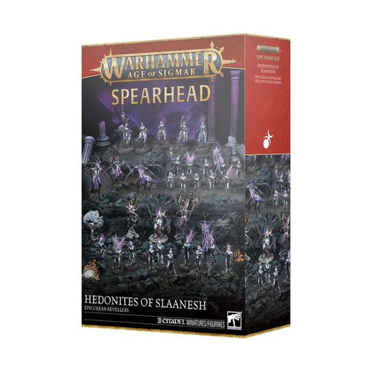 Release Date  7/4/2026
This boxed set builds 31 multipart plastic Hedonites of Slaanesh miniatures:
– 3 Thricefold Discord miniatures
– 3 Fiends
– 20 Daemonettes
– 5 Seekers
Contents:
– 277 plastic components, including 3 integrated bases
– 3 Citadel 75mm by 42mm Oval Bases
– 5 Citadel 60mm by 35mm Oval Bases
– 20 Citadel 25mm Round Bases
– 1 construction guide

These miniatures require assembly and are supplied unpainted. We recommend:
– Citadel Tools: Super Fine Detail Cutters
– Warhammer Colour Plastic G