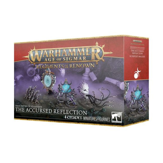 This multipart plastic kit builds The Accursed Reflection – a Regiment of Renown for Blades of Khorne, Disciples of Tzeentch, Helsmiths of Hashut, Maggotkin of Nurgle, Skaven, and Slaves to Darkness armies in games of Warhammer Age of Sigmar. This boxed set builds 4 multipart plastic Hedonites of Slaanesh miniatures:
– 1 Contorted Epitome
– 1 Wheels of Excruciation
– 1 Mesmerising Mirror
– 1 Dreadful Visage

Contents:
– 43 plastic components, including 1 integrated base
– 1 Citadel 75mm by 42mm Oval Base
–