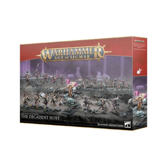 Release Date 7/4/2026
This boxed set builds 25 multipart plastic Hedonites of Slaanesh miniatures:
– 1 Sigvald, Prince of Slaanesh
– 5 Slickblade Seekers (which can alternatively be built as Blissbarb Seekers)
– 5 Myrmidesh Painbringers (which can alternatively be built as Symbaresh Twinsouls)
– 11 Blissbarb Archers, including 1 Blissbrew Homonculus
– 3 Slaangor Fiendbloods
Contents:
– 333 plastic components
– 1 Citadel 60mm Round Base
– 5 Citadel 75mm by 42mm Oval Bases
– 3 Citadel 40mm Round Bases
– 5 Cit