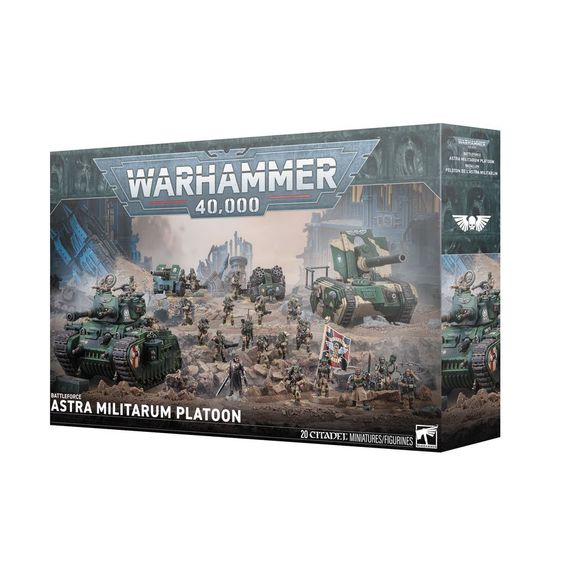 Release Date 7/11/2026
This boxed set builds 20 multipart plastic Astra Militarum miniatures:
– 1 Commissar
– 5 Cadian Command Squad miniatures
– 2 Field Ordnance Teams
– 1 Rogal Dorn Battle Tank
– 1 Basilisk
– 10 Cadian Shock Troops
Contents:
– 708 plastic components
– 6 Citadel 28.5mm Round Bases.
– 2 Citadel 100mm Round Bases
– 10 Citadel 25mm Round Bases
– 3 Cadian Transfer Sheets
– 2 Astra Militarum Vehicle Transfer Sheets
– 6 construction guides
These miniatures require assembly and are supplied unpai