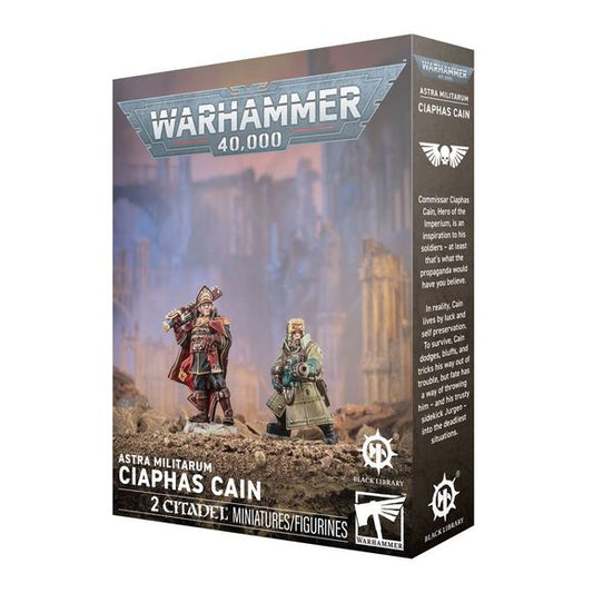 Release Date 7/11/2026
This multipart plastic kit builds Ciaphas Cain and Jurgen. 
Contents:
– 19 plastic components, including 1 integrated 40mm scenic base
– 2 Citadel 28.5mm Round Bases
– 1 construction guide
These miniatures require assembly and are supplied unpainted. We recommend:
– Citadel Tools: Super Fine Detail Cutters
– Warhammer Colour Plastic Glue
– Warhammer Colour paints

Rules for using these miniatures in Warhammer 40,000 are available as a free download on the Warhammer Community website.