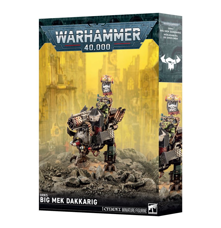 Release date 9/05/2026
This multipart plastic kit builds a Big Mek Dakkarig.
Contents:
– 44 plastic components
– 1 Citadel 90mm Round Hex Hole Base
– 1 construction guide
– 1 Orks Transfer Sheet

The Orks Transfer Sheet features 385 high-quality waterslide transfers. These include symbols and icons for the Goffs, Bad Moons, Snakebites, Evil Suns, Blood Axes, and Deathskulls, as well as universal Ork glyphs, symbols, and decorations.

This push-fit miniature requires assembly and is supplied unpainted. We re