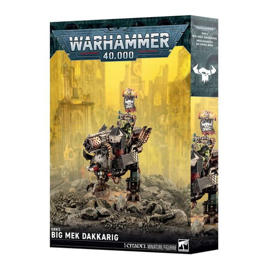 Release date 9/05/2026
This multipart plastic kit builds a Big Mek Dakkarig.
Contents:
– 44 plastic components
– 1 Citadel 90mm Round Hex Hole Base
– 1 construction guide
– 1 Orks Transfer Sheet

The Orks Transfer Sheet features 385 high-quality waterslide transfers. These include symbols and icons for the Goffs, Bad Moons, Snakebites, Evil Suns, Blood Axes, and Deathskulls, as well as universal Ork glyphs, symbols, and decorations.

This push-fit miniature requires assembly and is supplied unpainted. We re