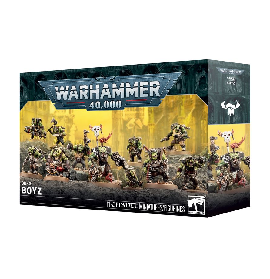 Release Date 9/5/2026
This multipart plastic kit builds 1 Nob, 9 Boyz, and 1 Ammo Runt.
Contents:
– 149 plastic components
– 1 Citadel 40mm Round Base
– 9 Citadel 32mm Round Bases
– 1 Citadel 25mm Round Base
– 1 construction guide
– 1 Orks Transfer Sheet

The Orks Transfer Sheet features 385 high-quality waterslide transfers. These include symbols and icons for the Goffs, Bad Moons, Snakebites, Evil Suns, Blood Axes, and Deathskulls, as well as universal Ork glyphs, symbols, and decorations.

These miniatur