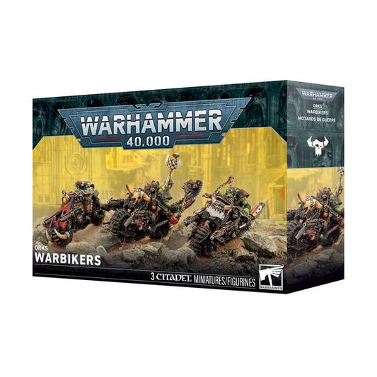 Release date 9/05/2026
This multipart plastic kit builds 3 Warbikers.
Contents:
– 85 plastic components
– 3 Citadel 75mm by 41.5mm Oval Bases
– 1 construction guide
– 1 Orks Transfer Sheet

The Orks Transfer Sheet features 385 high-quality waterslide transfers. These include symbols and icons for the Goffs, Bad Moons, Snakebites, Evil Suns, Blood Axes, and Deathskulls, as well as universal Ork glyphs, symbols, and decorations.

These miniatures require assembly and are supplied unpainted. We recommend:
– Ci