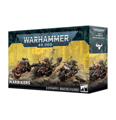 Release date 9/05/2026
This multipart plastic kit builds 3 Warbikers.
Contents:
– 85 plastic components
– 3 Citadel 75mm by 41.5mm Oval Bases
– 1 construction guide
– 1 Orks Transfer Sheet

The Orks Transfer Sheet features 385 high-quality waterslide transfers. These include symbols and icons for the Goffs, Bad Moons, Snakebites, Evil Suns, Blood Axes, and Deathskulls, as well as universal Ork glyphs, symbols, and decorations.

These miniatures require assembly and are supplied unpainted. We recommend:
– Ci