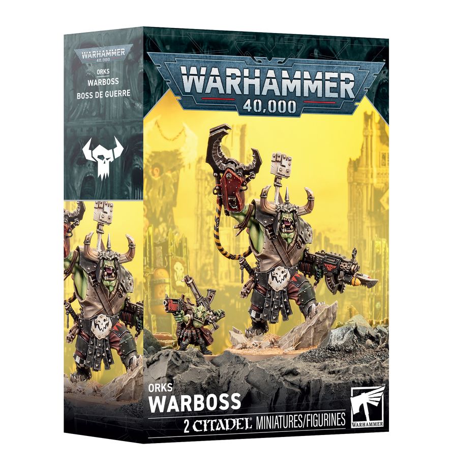 Release Date 9/5/2026
This multipart plastic kit builds a Warboss and an Ammon Runt
Contents:
– 35 plastic components
– 1 Citadel 50mm Round Base
– 1 Citadel 25mm Round Base
– 1 construction guide

These miniatures require assembly and are supplied unpainted. We recommend:
– Citadel Tools: Super Fine Detail Cutters
– Warhammer Colour Plastic Glue
– Warhammer Colour paints