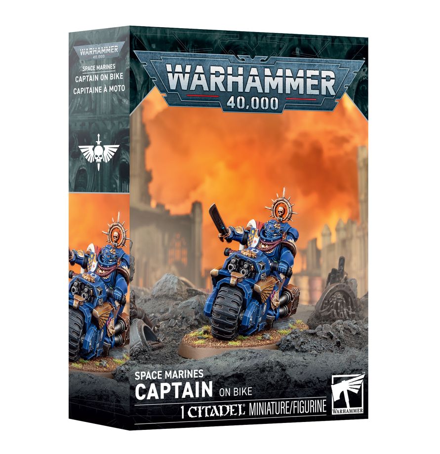 Release Date 10/03/2026
Lead your Space Marines with speed using the Captain on Bike for Warhammer 40,000. This multipart plastic kit builds a highly mobile Adeptus Astartes character mounted on a Raider-pattern bike. Customize the Captain with a power weapon, thunder hammer, or plasma pistol, along with multiple head, pose, and accessory options. A strong choice for fast-moving Space Marines armies that need a durable commander able to support aggressive assaults.
Contents:
– 42 plastic components
– 1 Cita