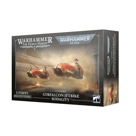 Release Date 10/17/2026
<p><strong>Warhammer: Adeptus Custodes – Gyrfalcon Jetbike Sodality</strong> adds fast-moving strike power to your Adeptus Custodes or Legio Custodes army. These elite jetbike riders can rapidly respond to threats, hunt down vulnerable targets, and unleash devastating firepower with a choice of Lastrum Bolt Cannon, Adrathic Devastator, Arachnus Volley Cannon, or Twin Corvae Las-Pulsar.</p>

<p>This multipart plastic kit builds 2 Gyrfalcon Jetbikes and includes 156 components, 2 Citad