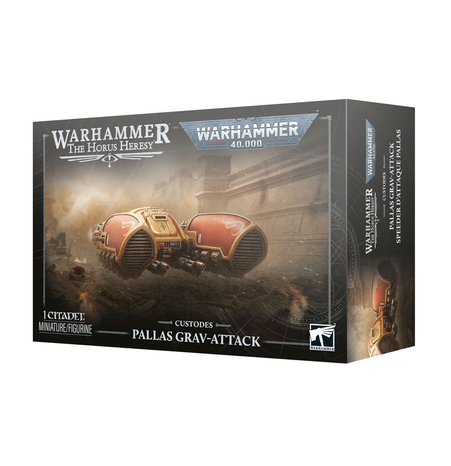 Release Date 10/17/2026
<p><strong>Warhammer: Adeptus Custodes – Pallas Grav-Attack</strong> adds a fast, heavily armed skimmer to your Legio Custodes or Adeptus Custodes force. Built for rapid strikes and target hunting, the Pallas can be equipped with either a twin Arachnus Blaze Cannon or twin Iliastus Accelerator Culverin to engage infantry and armored threats.</p>

<p>This multipart plastic kit builds 1 Pallas Grav-Attack and includes 76 plastic components, a Citadel 105mm x 70mm oval base, flying stem