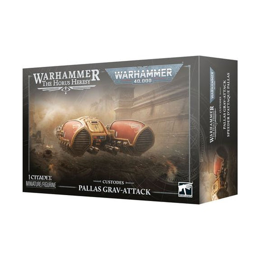 Release Date 10/17/2026
<p><strong>Warhammer: Adeptus Custodes – Pallas Grav-Attack</strong> adds a fast, heavily armed skimmer to your Legio Custodes or Adeptus Custodes force. Built for rapid strikes and target hunting, the Pallas can be equipped with either a twin Arachnus Blaze Cannon or twin Iliastus Accelerator Culverin to engage infantry and armored threats.</p>

<p>This multipart plastic kit builds 1 Pallas Grav-Attack and includes 76 plastic components, a Citadel 105mm x 70mm oval base, flying stem
