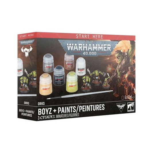 Release date: 7/25/2026
This box includes 3 push-fit Ork miniatures:
– 2 Ork Boyz
– 1 Gretchin
This set includes 6 Warhammer Colour paint pots:
– 1 Abaddon Black (Base)
– 1 Orruk Flesh (Base)
– 1 Mournfang Brown (Base)
– 1 Leadbelcher (Base)
– 1 Zandri Dust (Base)
– 1 Corax White (Base)
The kit comes supplied with:
– 9 plastic components
– 1 Citadel 25mm Round Hex Hole base
– 2 Citadel 32mm Round Hex Hole bases
– 1 Warhammer Colour Starter Brush