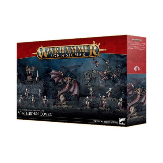 Release Date 4/11
This boxed set builds 17 multipart plastic Daughters of Khaine miniatures:
– 1 Morathi-Khaine
– 1 The Shadow Queen
– 5 Khinerai Heartrenders (which can alternatively be built as Khinerai Lifetakers)
– 10 Blood Sisters (which can alternatively be built as Blood Stalkers)
This kit comprises 320 plastic components, 1 Citadel 100mm Round Base, and 16 Citadel 40mm Round Bases. These miniatures require assembly and are supplied unpainted – we recommend using Citadel Plastic Glue and Citadel Colo